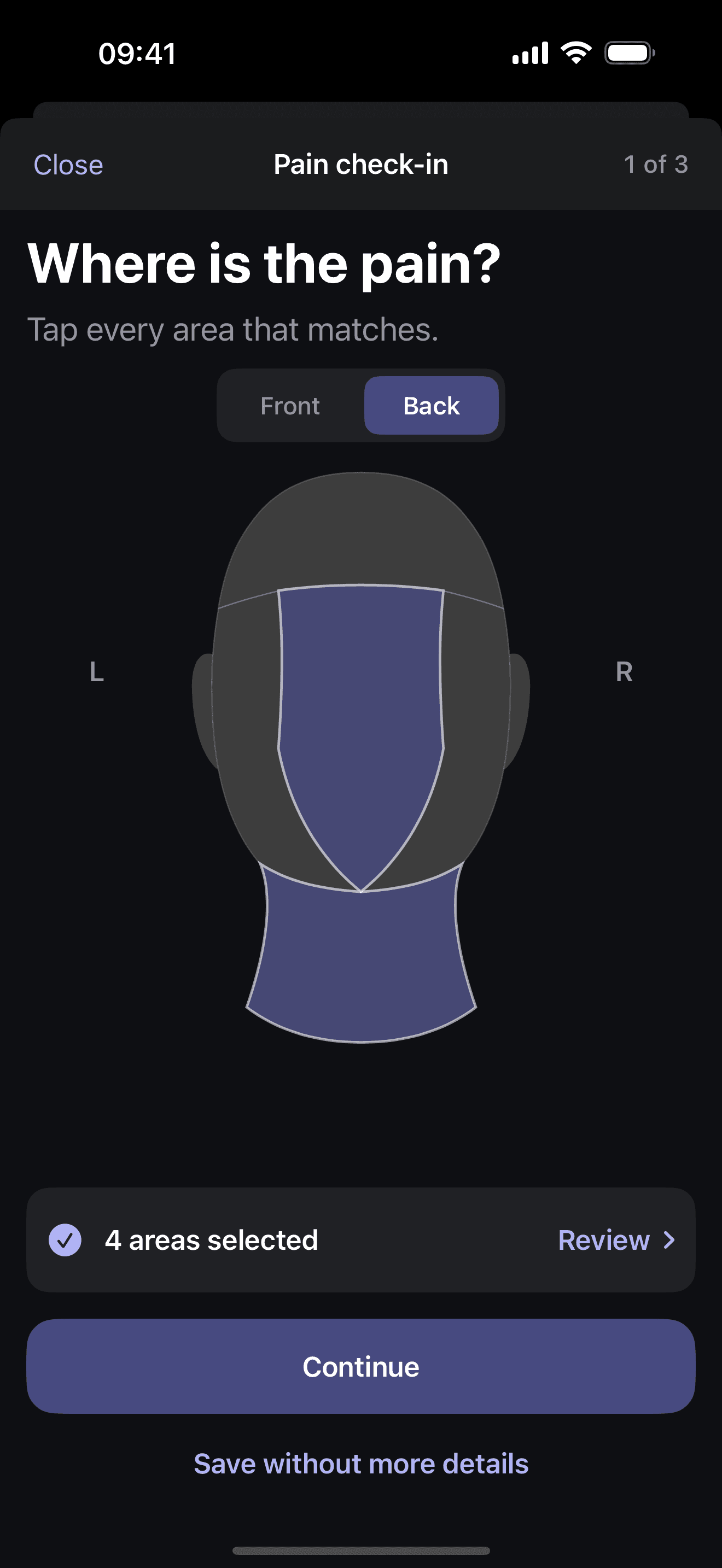 HeadKind pain check-in showing selected areas on the back of a head map